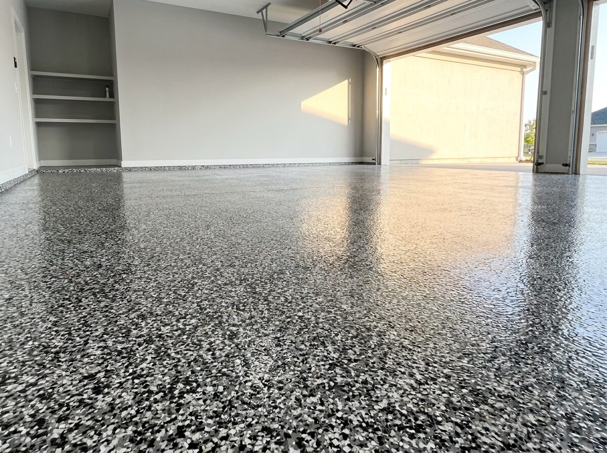 Finished high gloss flake epoxy garage floor installed by MotorCity Polymers